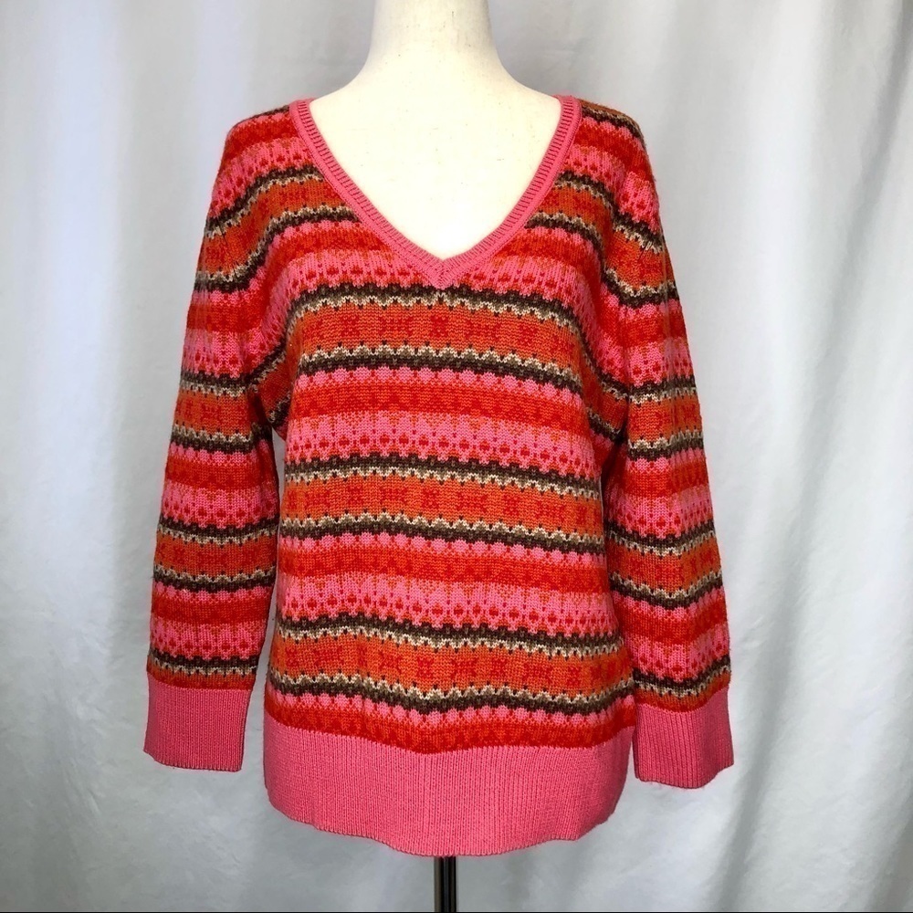 Talbots 100% merino wool fair isle sweater red orange v-neck pullover 3/4 sleeve